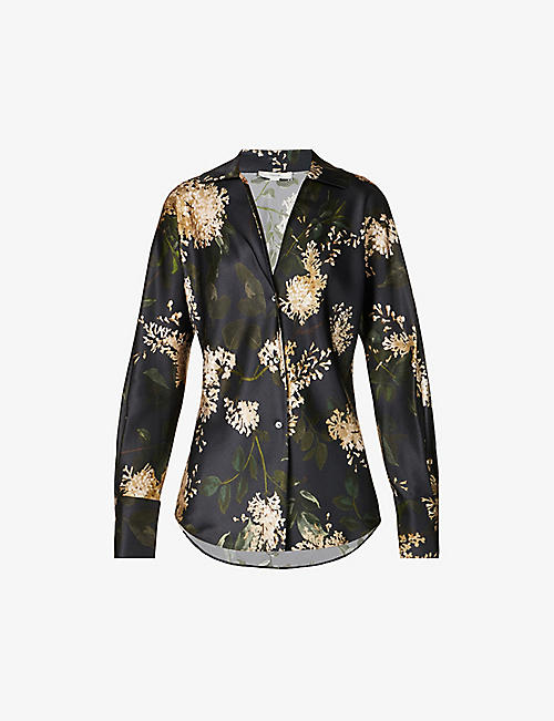 VINCE: Floral-print open-collar silk shirt