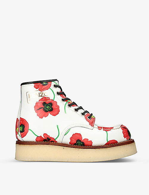 KENZO: Yama floral-print leather ankle boots