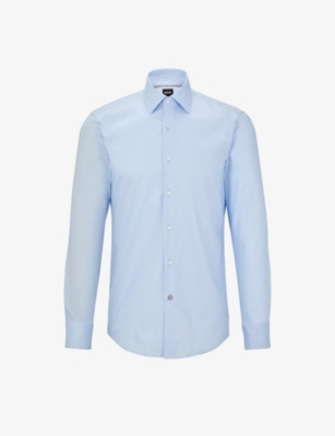 Shop Hugo Boss Slim-fit Long-sleeved Cotton-poplin Shirt In Light/pastel Blue