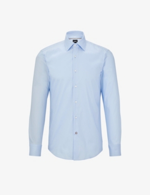 HUGO BOSS BOSS MEN'S LIGHT/PASTEL BLUE SLIM-FIT LONG-SLEEVED COTTON-POPLIN SHIRT,58137766