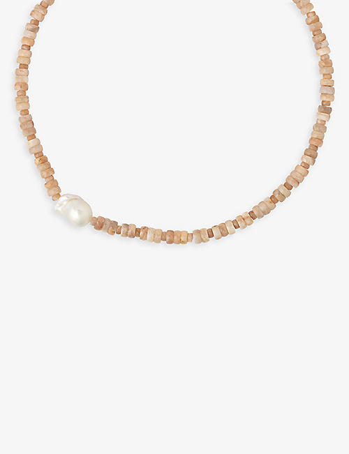 ASTRID & MIYU: Beaded 14ct yellow gold-plated brass, sunstone and cultivated freshwater pearl necklace