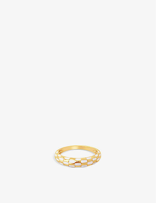 ASTRID & MIYU: Checkerboard 14ct yellow gold-plated brass and enamel ring