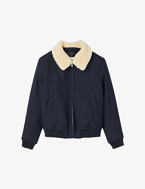 SANDRO: Removeable shearling collar fleece jacket