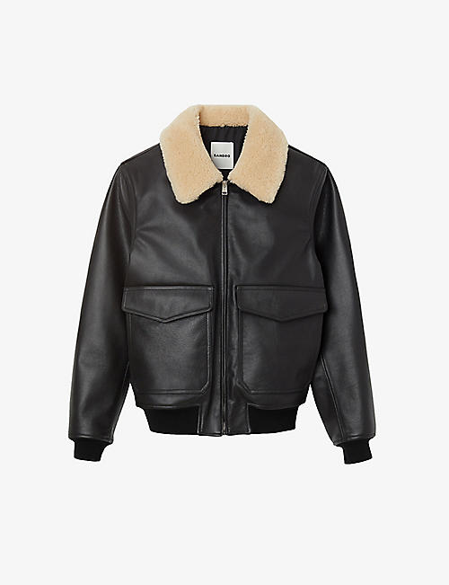 SANDRO: Contrast collar leather aviator jacket