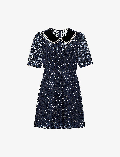 SANDRO: Peter-pan collar floral-embroidered woven dress