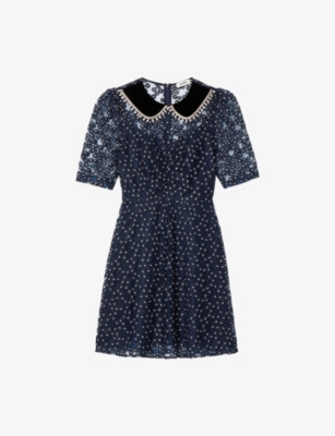 Sandro Short Dress With Peter Pan Collar In Bleus