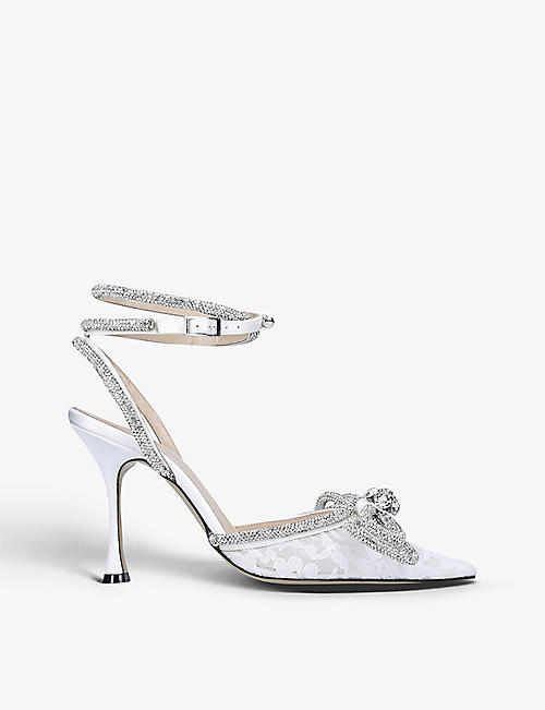 MACH & MACH: Double Bow crystal-embellished satin heeled mules