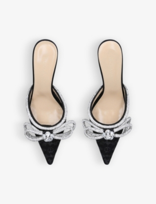 MACH & MACH Double Bow crystal-embellished satin heeled mules