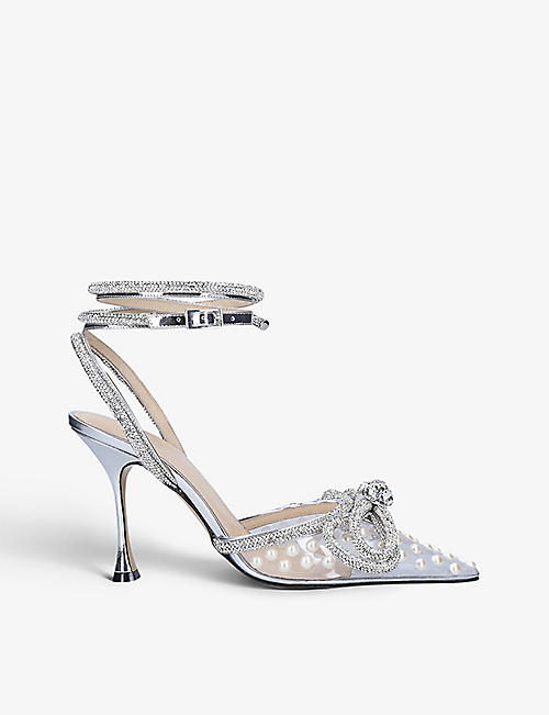 MACH & MACH: Double Bow crystal-embellished woven heeled sandals