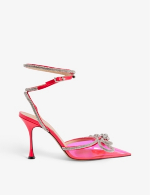 Mach&mach Double Bow Crystal-embellished Neon Pvc And Patent-leather Pumps In Pink