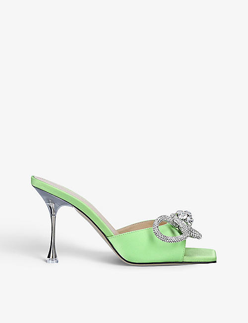 MACH & MACH: Double Bow square-toe crystal-embellished satin heeled mules