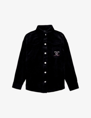 Selfridges & Co Girls Clothing Blouses Logo-embellished relaxed-fit velour stretch-woven shirt 5-16 years 