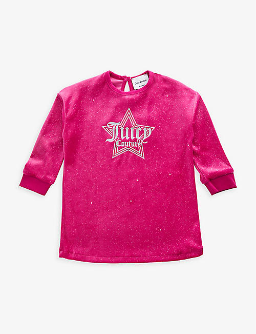 JUICY COUTURE: Logo-print glitter velour mini dress 6-36 months