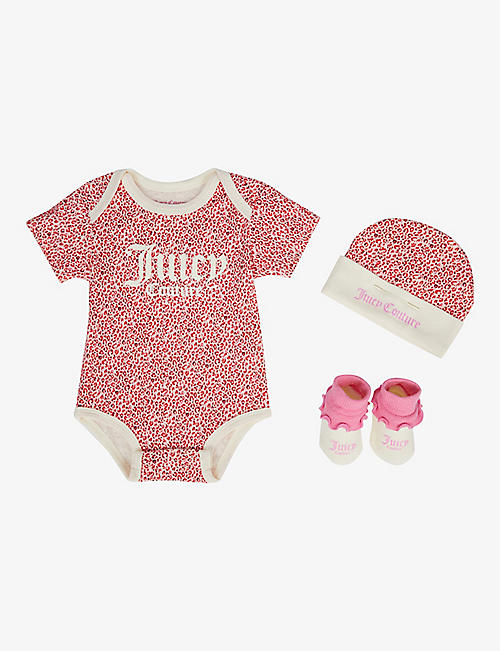 JUICY COUTURE: Leopard-print cotton-jersey bodysuit, hat and booties set 0-6 months