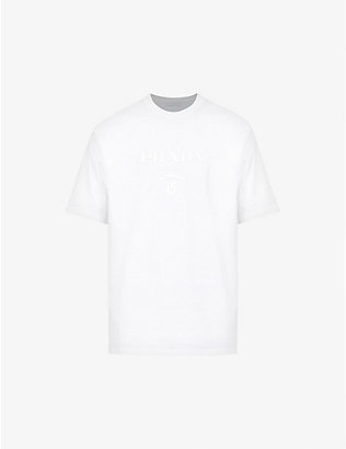 PRADA: Rubberised-logo ribbed-trim cotton T-shirt