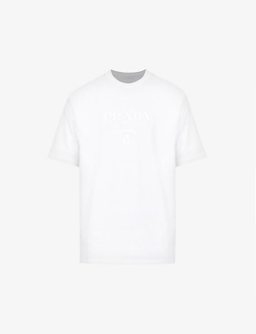 PRADA: Rubberised-logo ribbed-trim cotton T-shirt