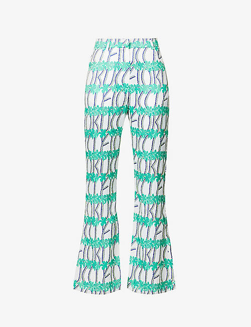 FIORUCCI: Palm graphic-print flared-leg mid-rise woven trousers