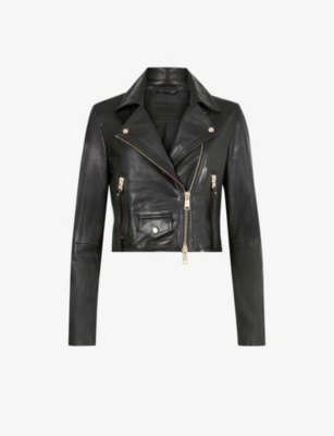 Allsaints Elora Cropped Leather Biker Jacket In Black