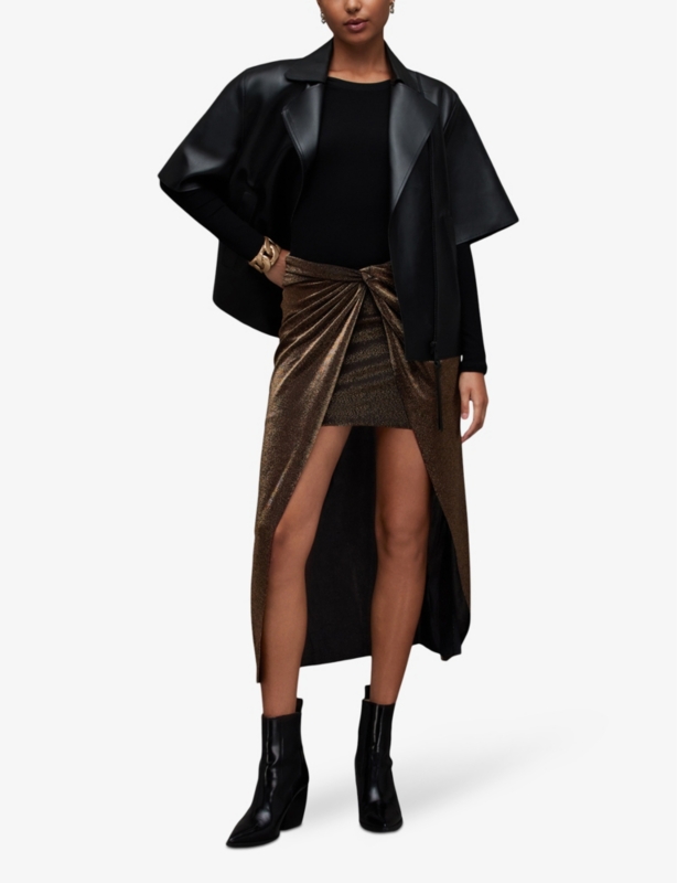Sami metallic front-knot woven midi skirt