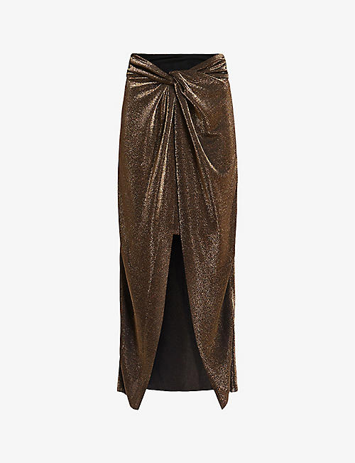 ALLSAINTS: Sami metallic front-knot woven midi skirt