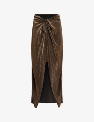 Shop Allsaints Womens Gold Sami Metallic Front-knot Woven Midi Skirt