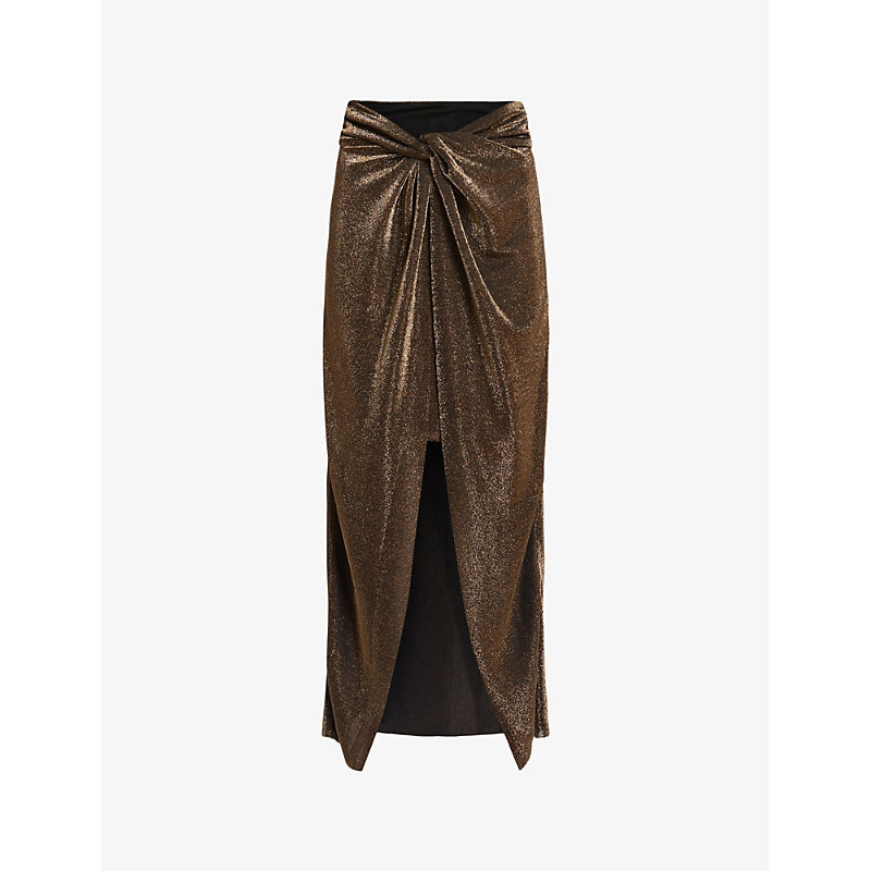 Shop Allsaints Sami Metallic Front-knot Woven Midi Skirt In Gold