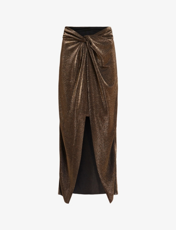 Sami metallic front-knot woven midi skirt