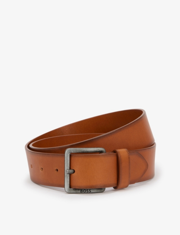 Logo-engraved leather belt