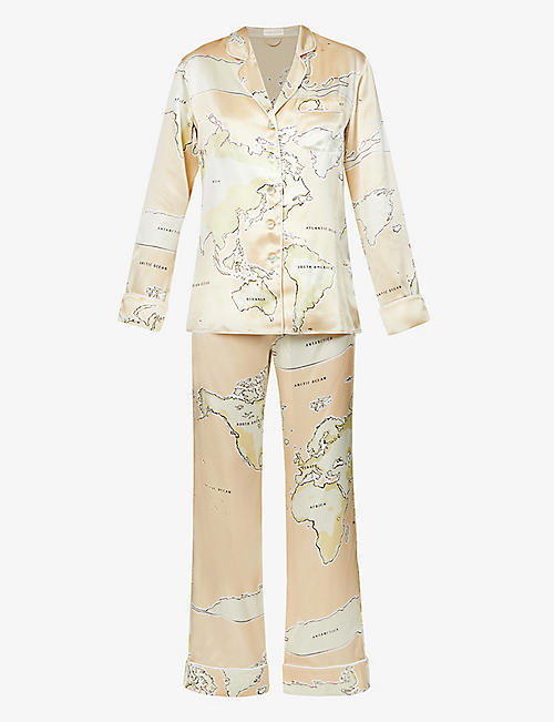 OLIVIA VON HALLE: Lila map-print silk pyjama set