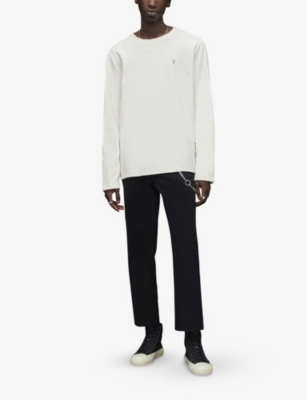 Shop Allsaints Rowe Logo-embroidered Long-sleeved Organic-cotton T-shirt In Chalk White