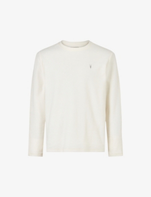 Shop Allsaints Rowe Logo-embroidered Long-sleeved Organic-cotton T-shirt In Chalk White