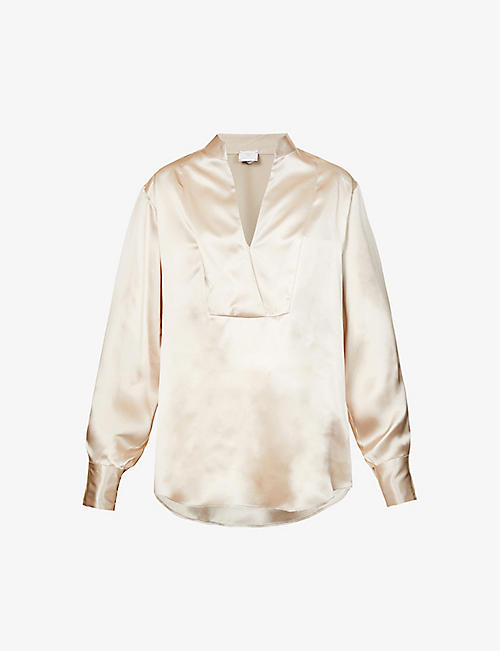 ELEVENTY: Band-collar relaxed-fit silk-satin shirt