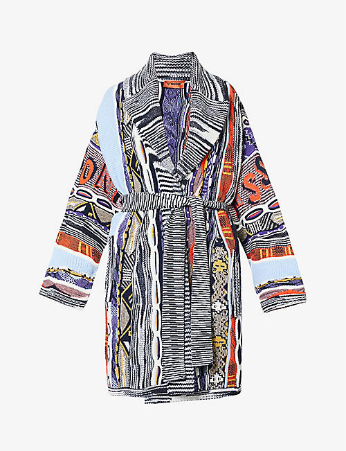 MISSONI: Abstract-pattern self-tie wool-blend knitted cardigan