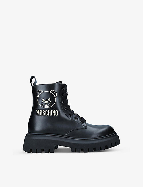 MOSCHINO: Toy Bear embroidered leather boots 6-9 years