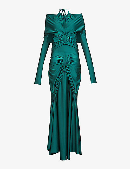 RICHARD MALONE: Cold-shoulder asymmetric-hem recycled nylon-blend maxi dress