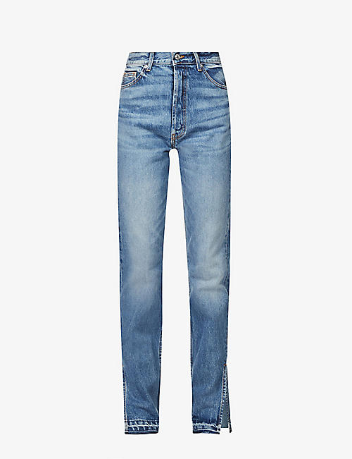 EB DENIM: Unraveled Two split hem straight-leg high-rise organic and recycled cotton-blend denim jeans