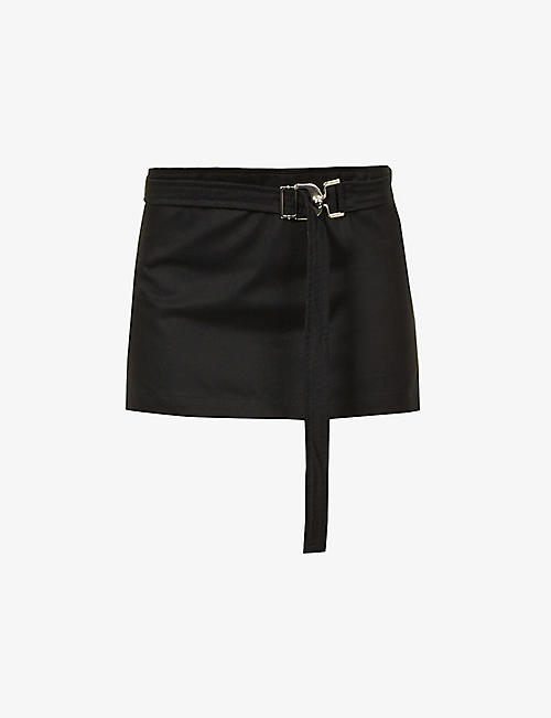 EB DENIM: Belted low-rise denim mini skirt