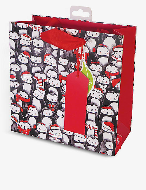 CHRISTMAS: Penguin Party illustrated-print medium Christmas gift bag 21.5cm