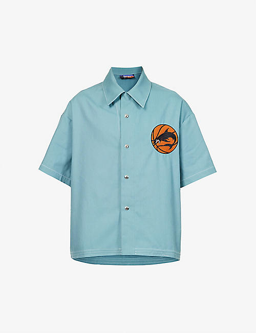 JUST DON: Islanders Shark graphic-embroidered oversized cotton-canvas shirt