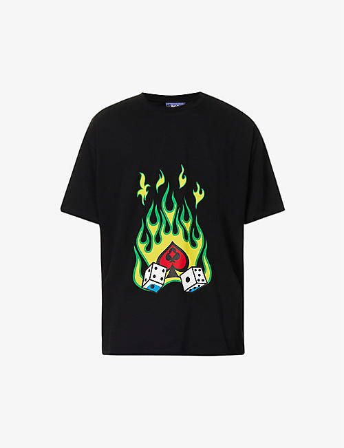 JUST DON: Dice Flames graphic-print relaxed-fit cotton-jersey T-shirt