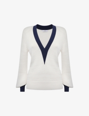 Reiss Talitha Contrast-trim Recycled-polyester Jumper In White/navy