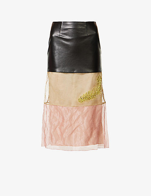 PRADA: Rete Pelle rhinestone-embellished leather and recycled cupro-blend midi skirt