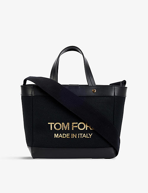TOM FORD: Brand-print contrast-strap cotton-canvas mini tote bag