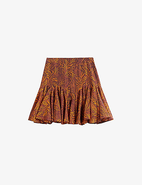 TED BAKER: Staysey botanical-print ruffled-hem woven mini skirt