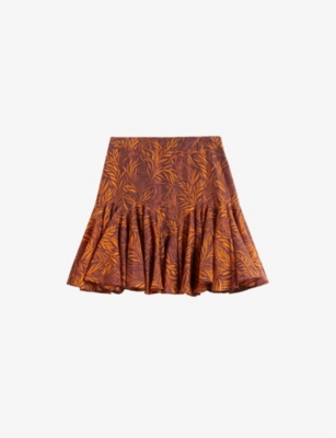 Ted Baker Staysey Botanical-print Ruffled-hem Woven Mini Skirt In Brown