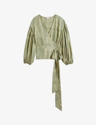 TED BAKER TED BAKER WOMENS GREEN VOILETE BALLOON-SLEEVED WRAP WOVEN BLOUSE 58394831