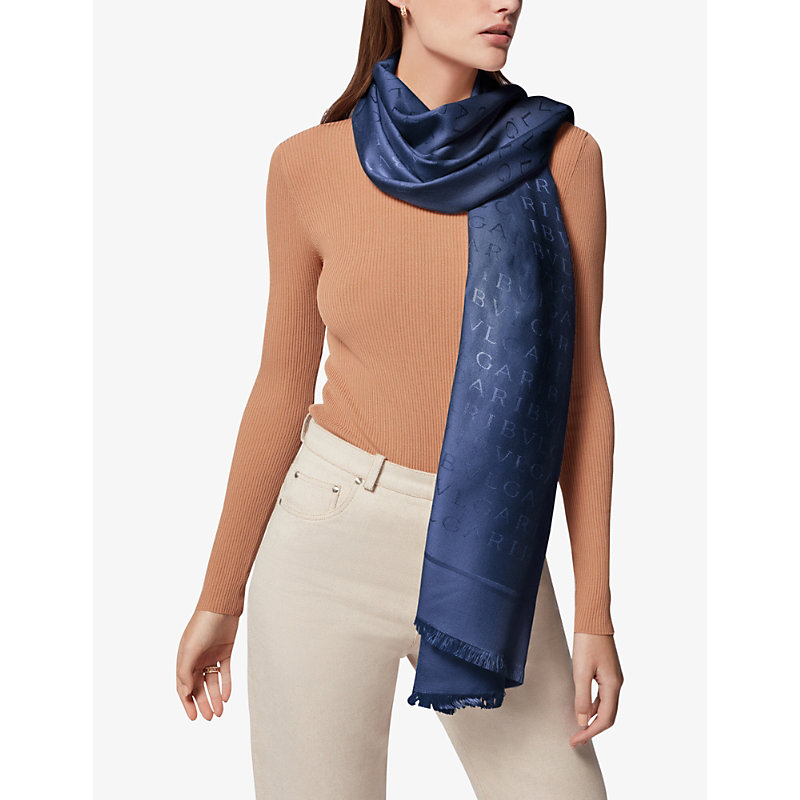 Shop Bvlgari Womens Blue Lettere Maxi Brand-pattern Wool And Silk Stole