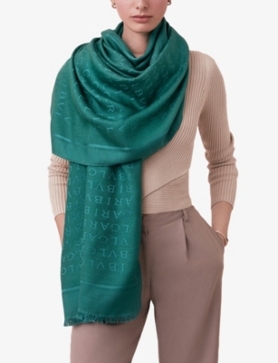 Bvlgari Womens Green Lettere Maxi Brand-pattern Wool And Silk Stole In Green