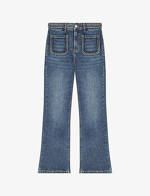 MAJE: Platano flared braided-trim stretch-denim jeans