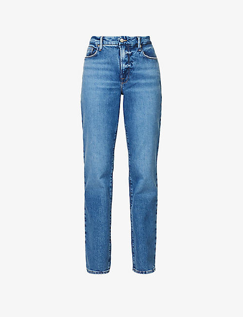 GOOD AMERICAN: Good Icon distressed straight-leg mid-rise denim jeans